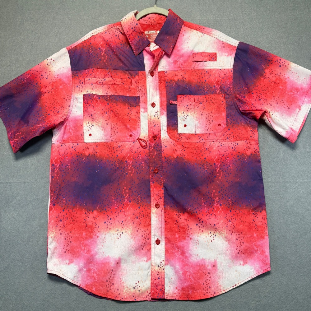 Reel Legends Saltwater II Mens Medium‎ Red Purple Splatter Fishing Shirt Vented